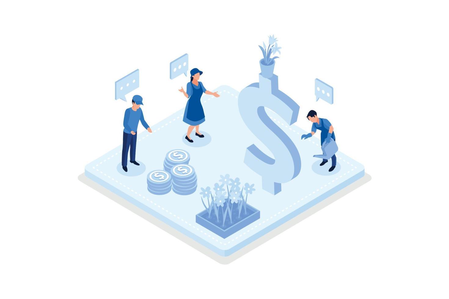Finance growth, Characters analyzing money growth,  isometric vector modern illustration