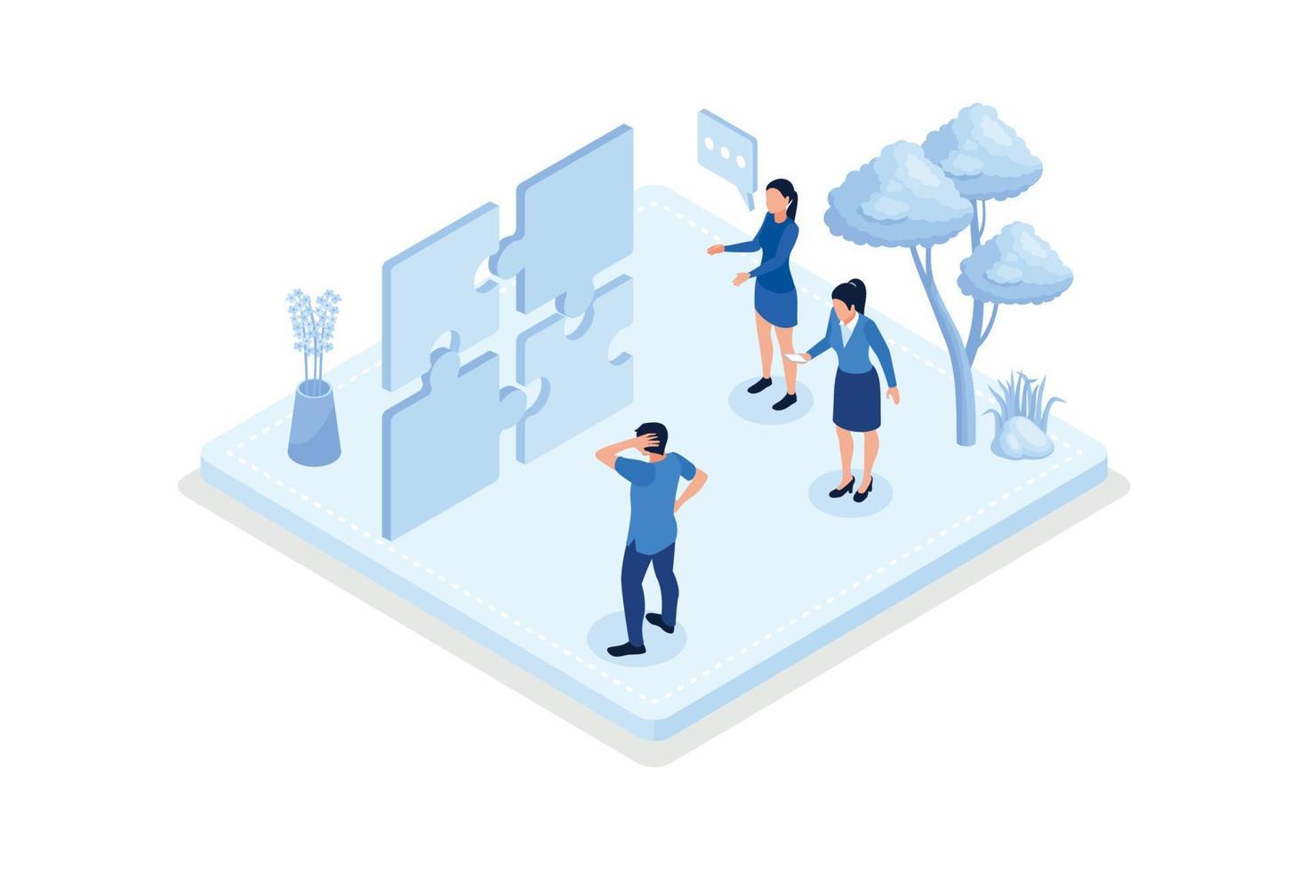 Business strategy, Characters assembling jigsaw puzzle, isometric vector modern illustration
