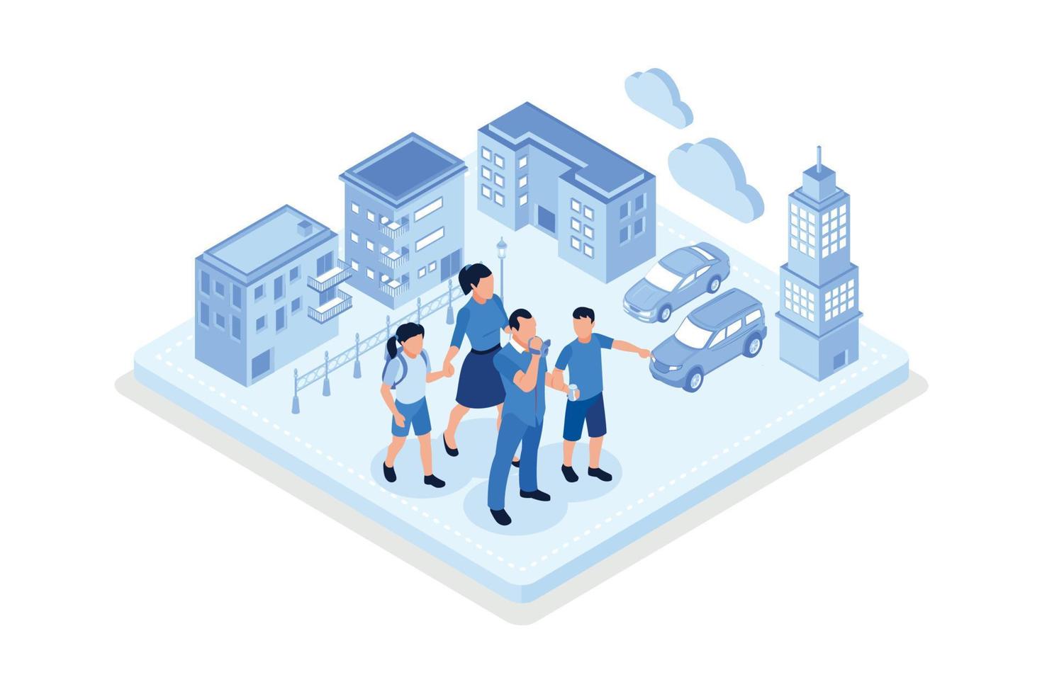 Sustainability,  modern city with eco-friendly transportation, isometric vector modern illustration