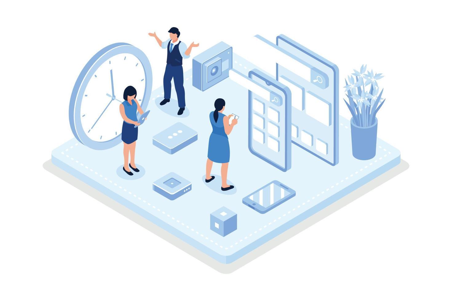 Schedule planning, Characters making schedule using calendar, isometric vector modern illustration