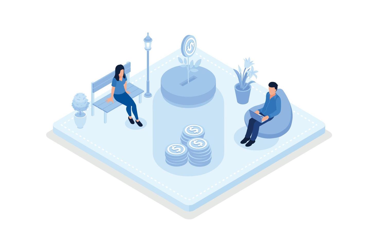 Passive income, Characters enjoying financial freedom and independence, isometric vector modern illustration