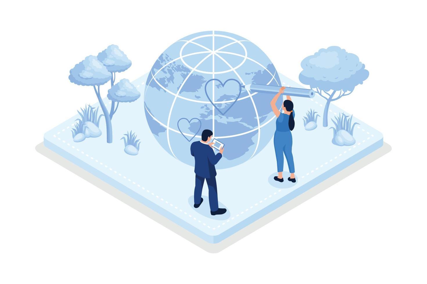 Sustainability, People trying to save planet earth with eco friendly technologies, isometric vector modern illustration