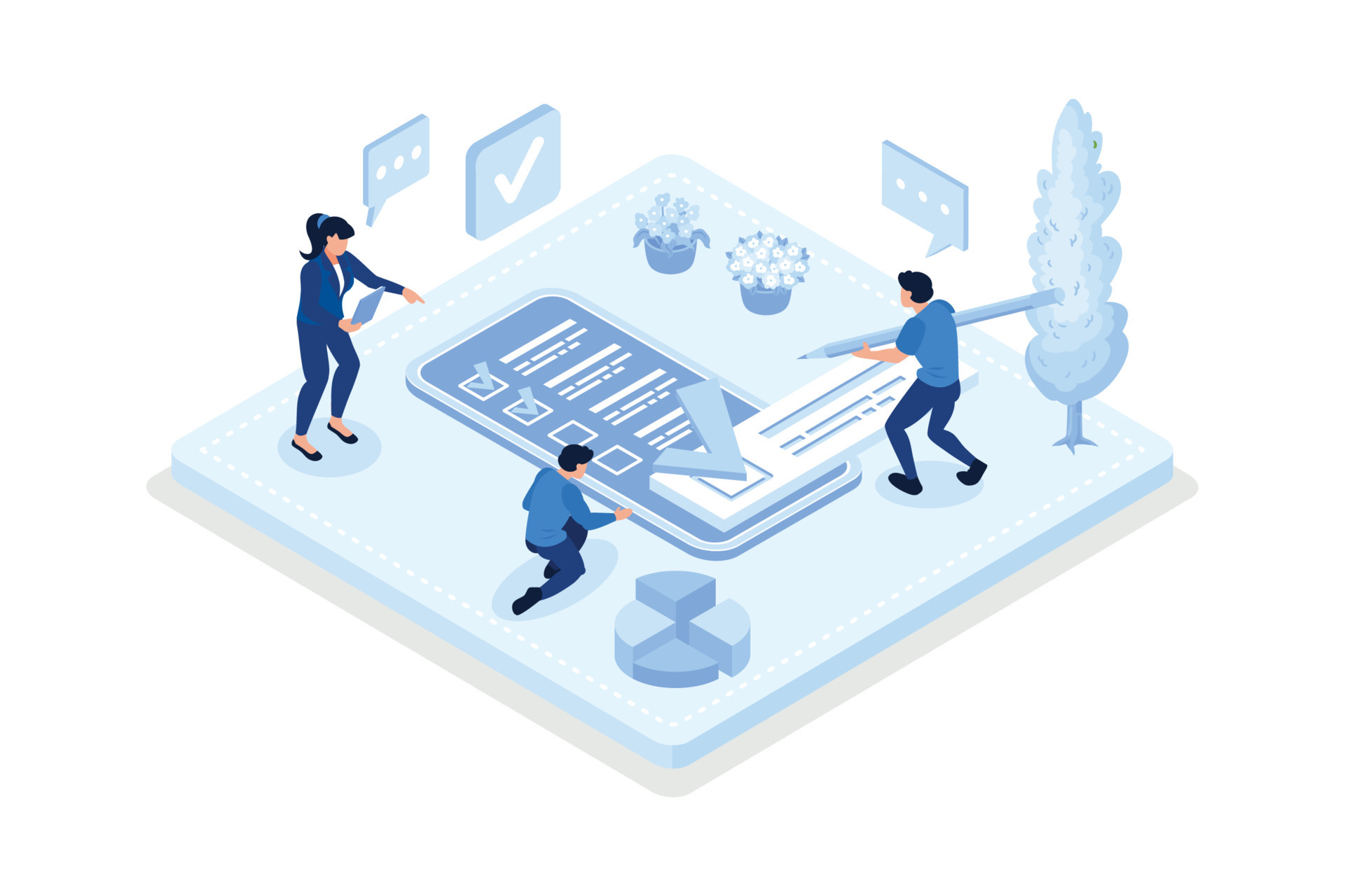 Schedule planning, Characters planning work tasks, isometric vector