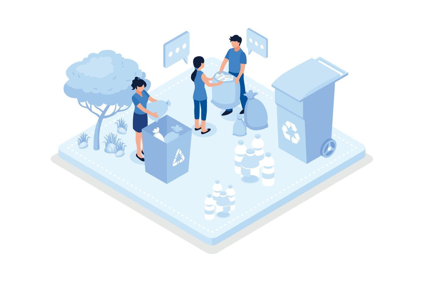 Environmental protection, Characters collecting plastic trash into recycling garbage bin, isometric vector modern illustration
