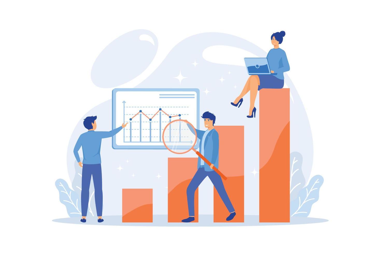 Marketers with magnifier research marketing opportunities chart. Marketing research, marketing analysis, market opportunities and problems concept, flat vector modern illustration