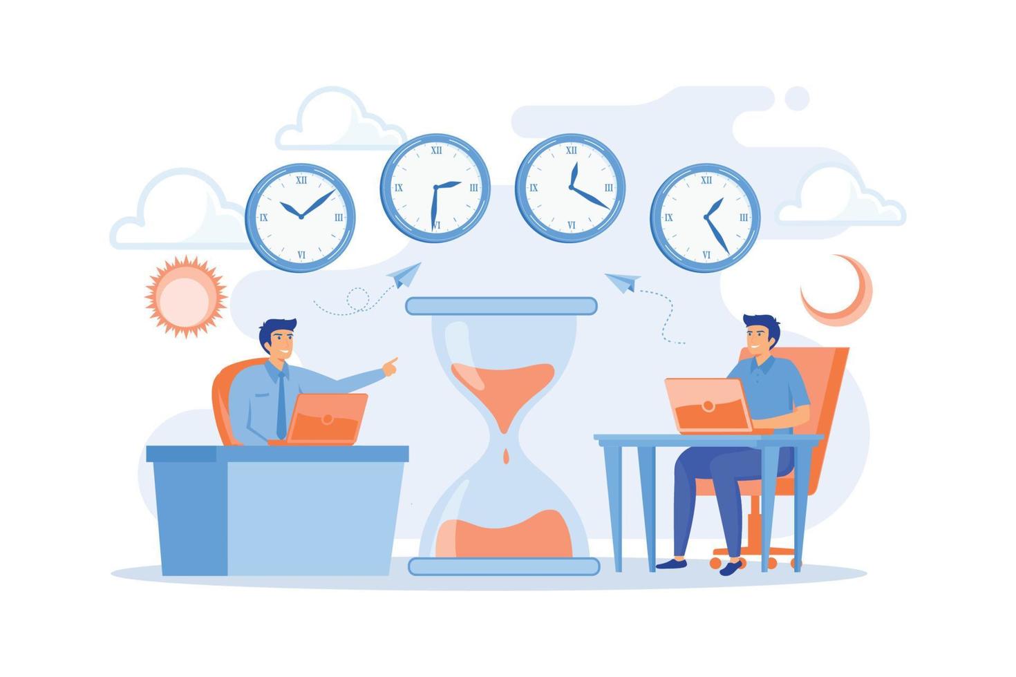 Busy businessmen with laptops near hourglass working in different time zones. Time zones, international time, world business time concept, flat vector modern illustration