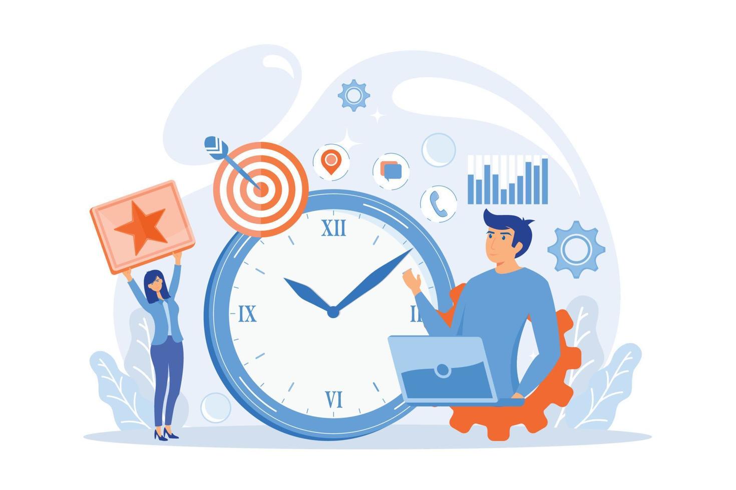 Businessman trying to accomplish tasks and goals on time and big clock and computer. Time management, effective time spending, time planning concept, flat vector modern illustration