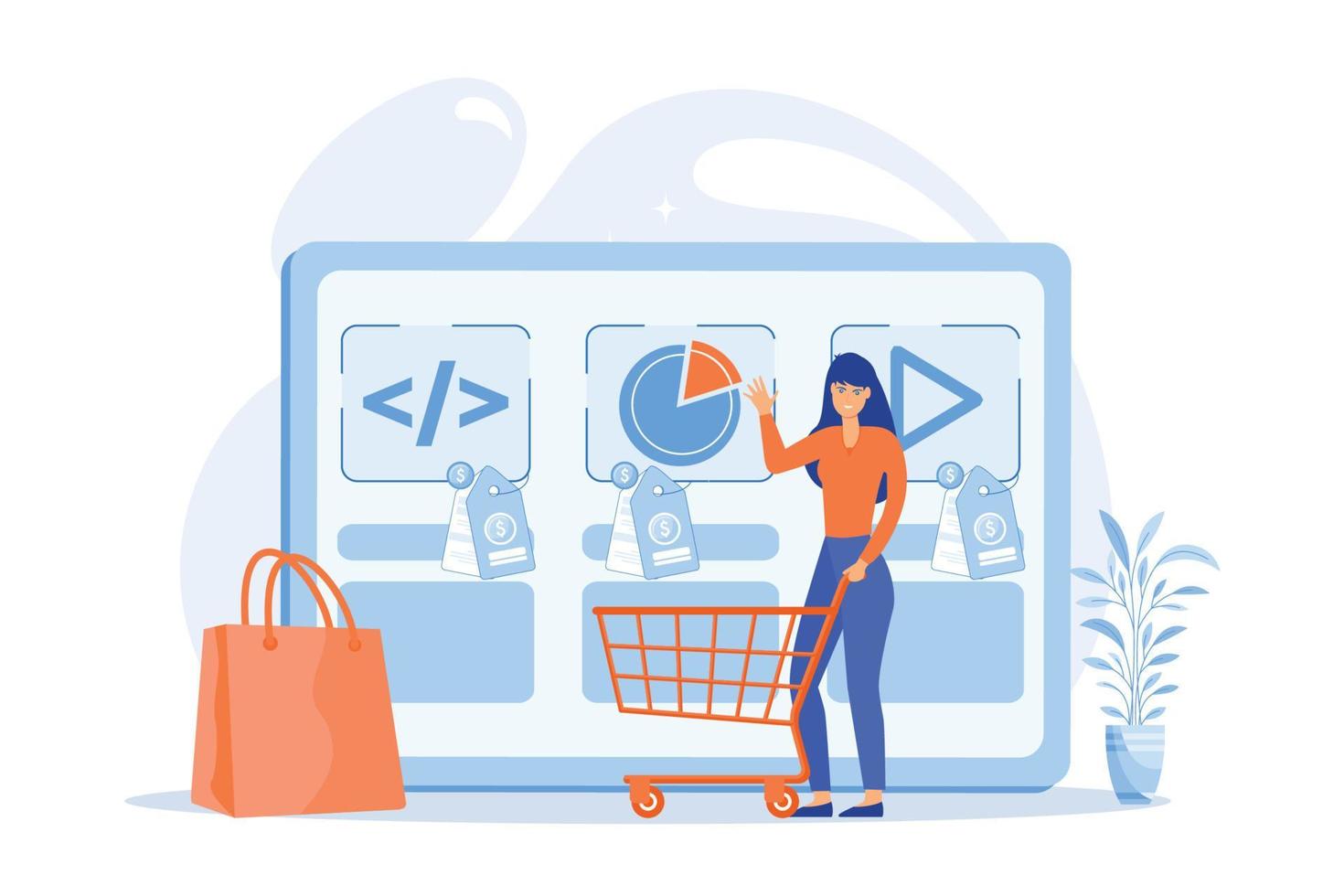 cliente con carrito de compras comprando servicio digital en línea. mercado de servicios digitales, solución digital lista, concepto de marco de mercado en línea, ilustración moderna de vector plano