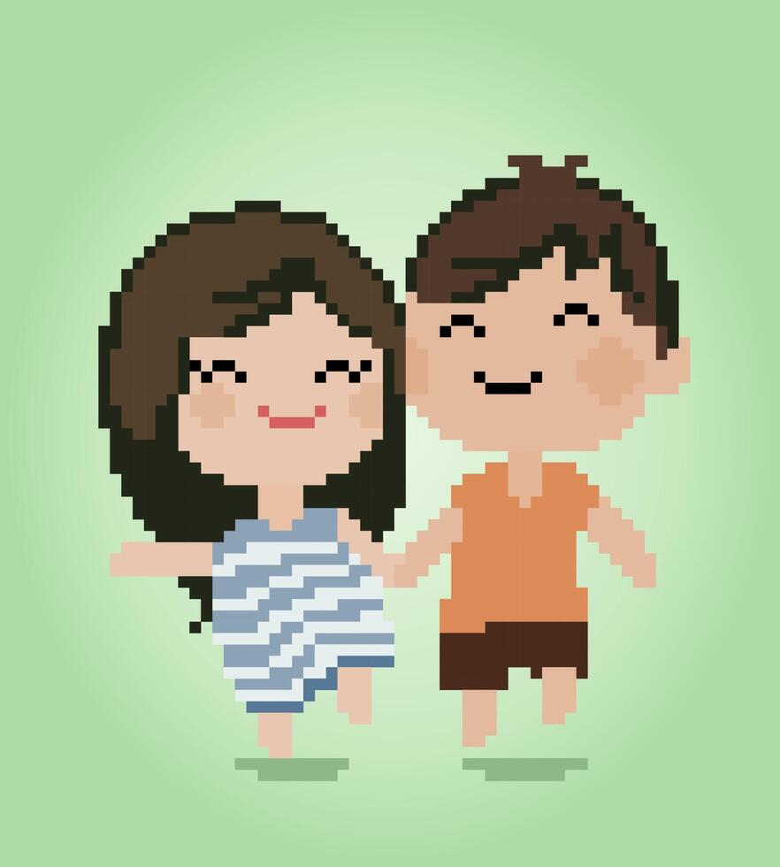 píxeles masculinos y femeninos de 8 bits. personas en parejas para el patrón de punto de cruz en la ilustración vectorial. vector