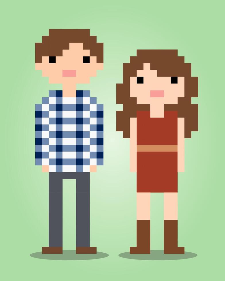 Male and female 8 bit pixels. People in pairs for cross stitch pattern in vector illustration.