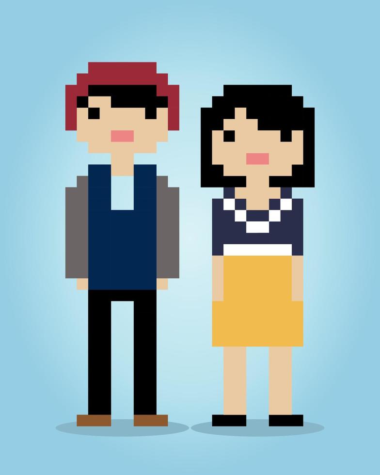 píxeles masculinos y femeninos de 8 bits. personas en parejas para el patrón de punto de cruz en la ilustración vectorial. vector