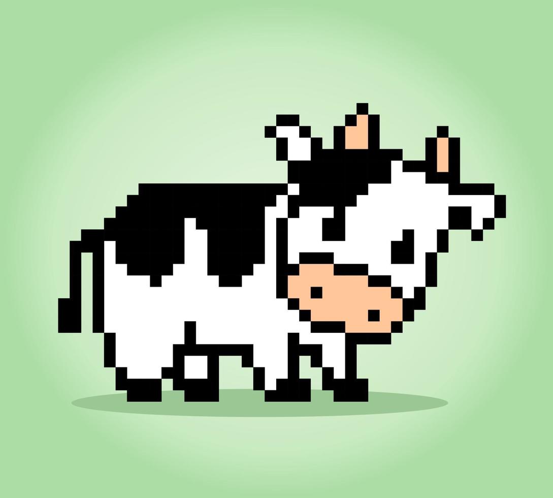 Píxel de vaca de 8 bits. animales para activos de juego en ilustraciones vectoriales. patrón de punto de cruz vaca vector