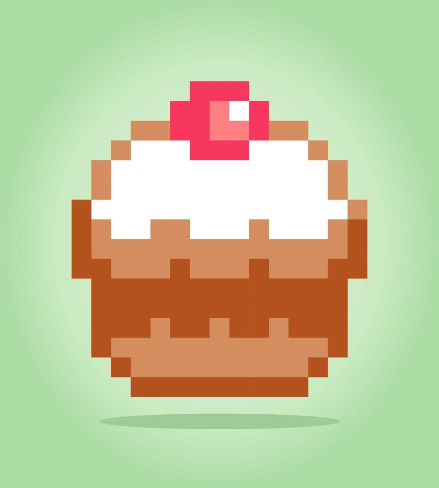 Pixel 8 bit cupcake. Food dishes in vector illustrations.