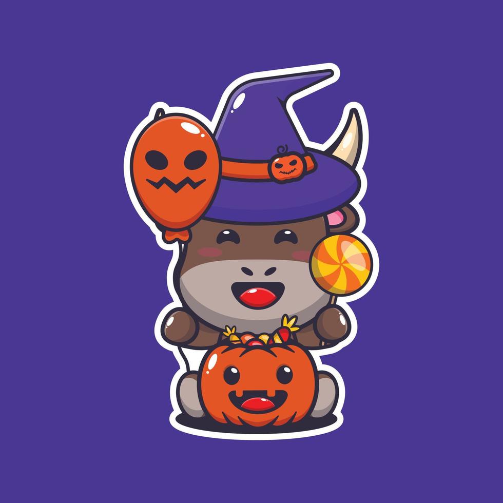 toro de bruja con globo de halloween y dulces. linda ilustración de dibujos animados de halloween. vector