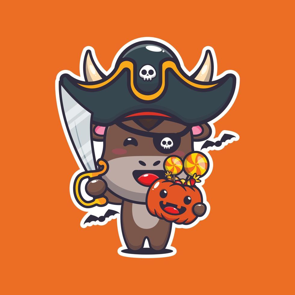 toro pirata en el día de halloween. linda ilustración de dibujos animados de halloween. vector