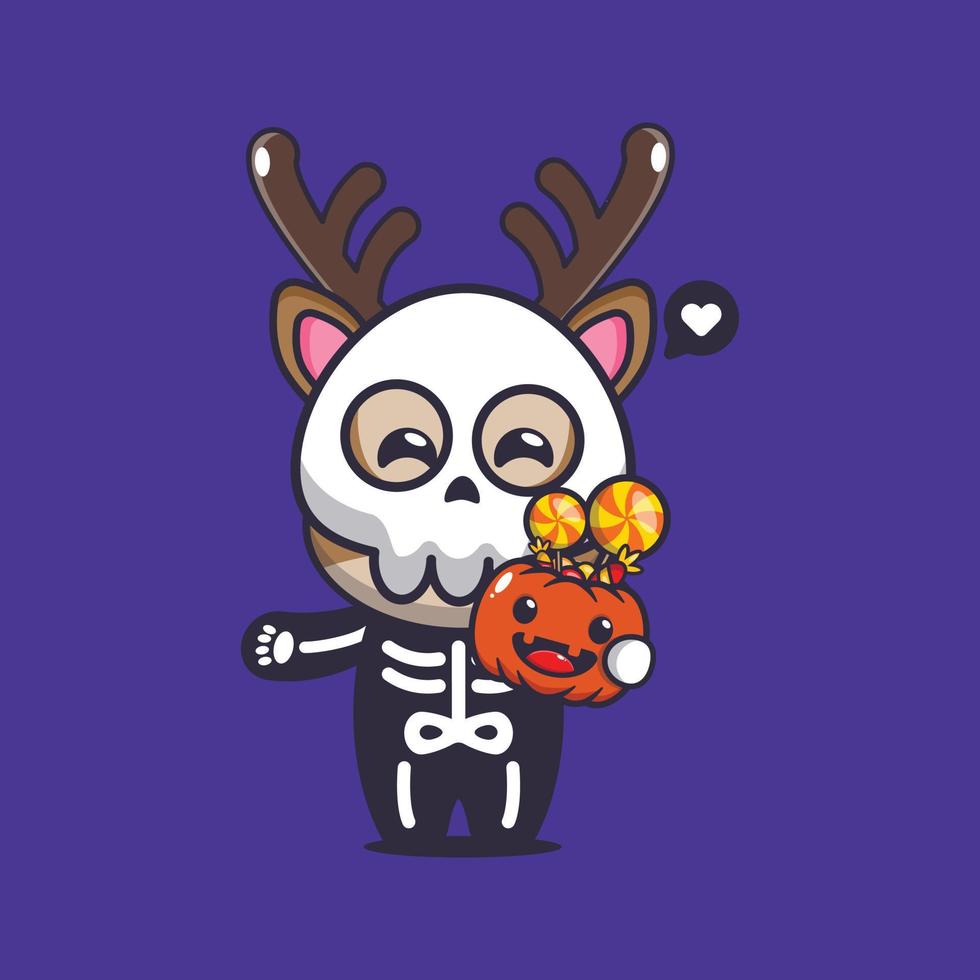 deer with skeleton costume holding halloween pumpkin. Cute halloween cartoon illustration. vector