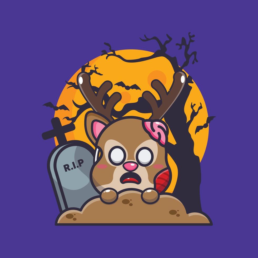 Zombie deer rise from graveyard in halloween day. Cute halloween cartoon illustration. vector