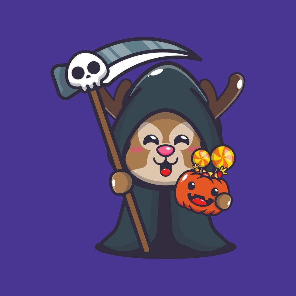 ciervo parca sosteniendo guadaña y calabaza de halloween. linda ilustración de dibujos animados de halloween. vector