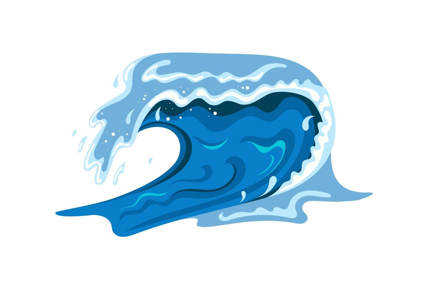 Tsumani wave in flat cartoon style. Big blue tropical water splash with white foam. Vector illustration isolated in white background