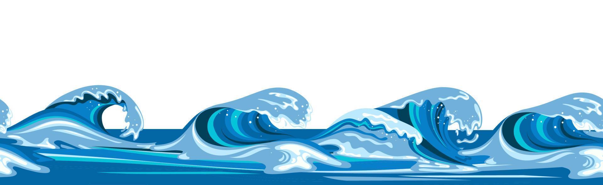 Tsumani wave in flat cartoon style. Big blue tropical water splash with white foam. Vector illustration isolated in white background