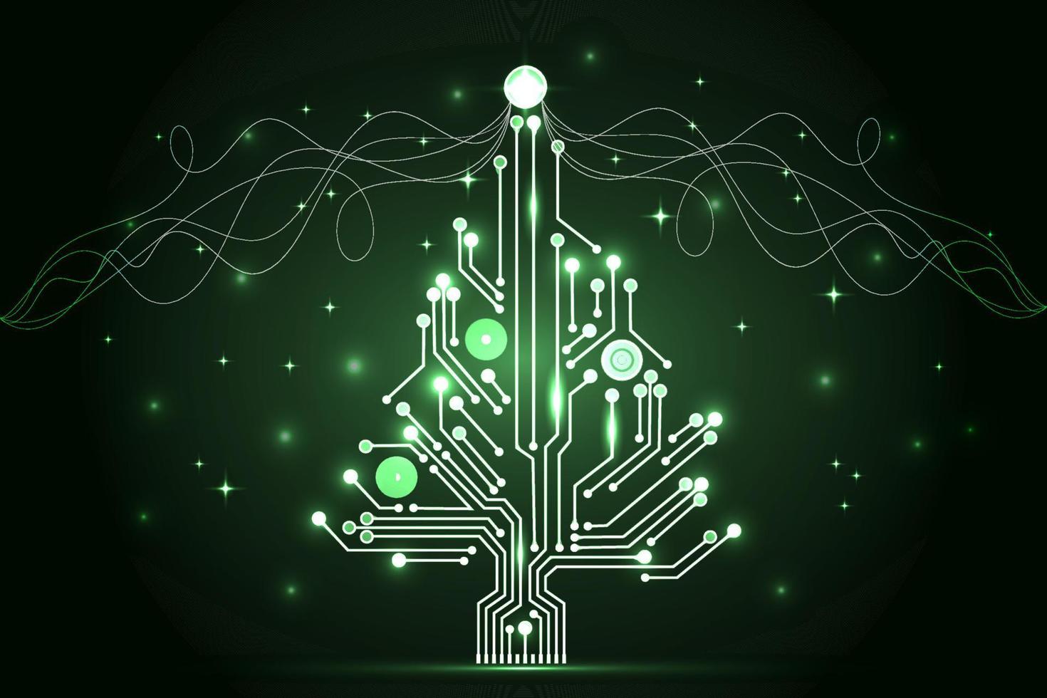 Christmas tree from digital electronic circuit. Abstract green lighting motherboard microchip. Vector illustration