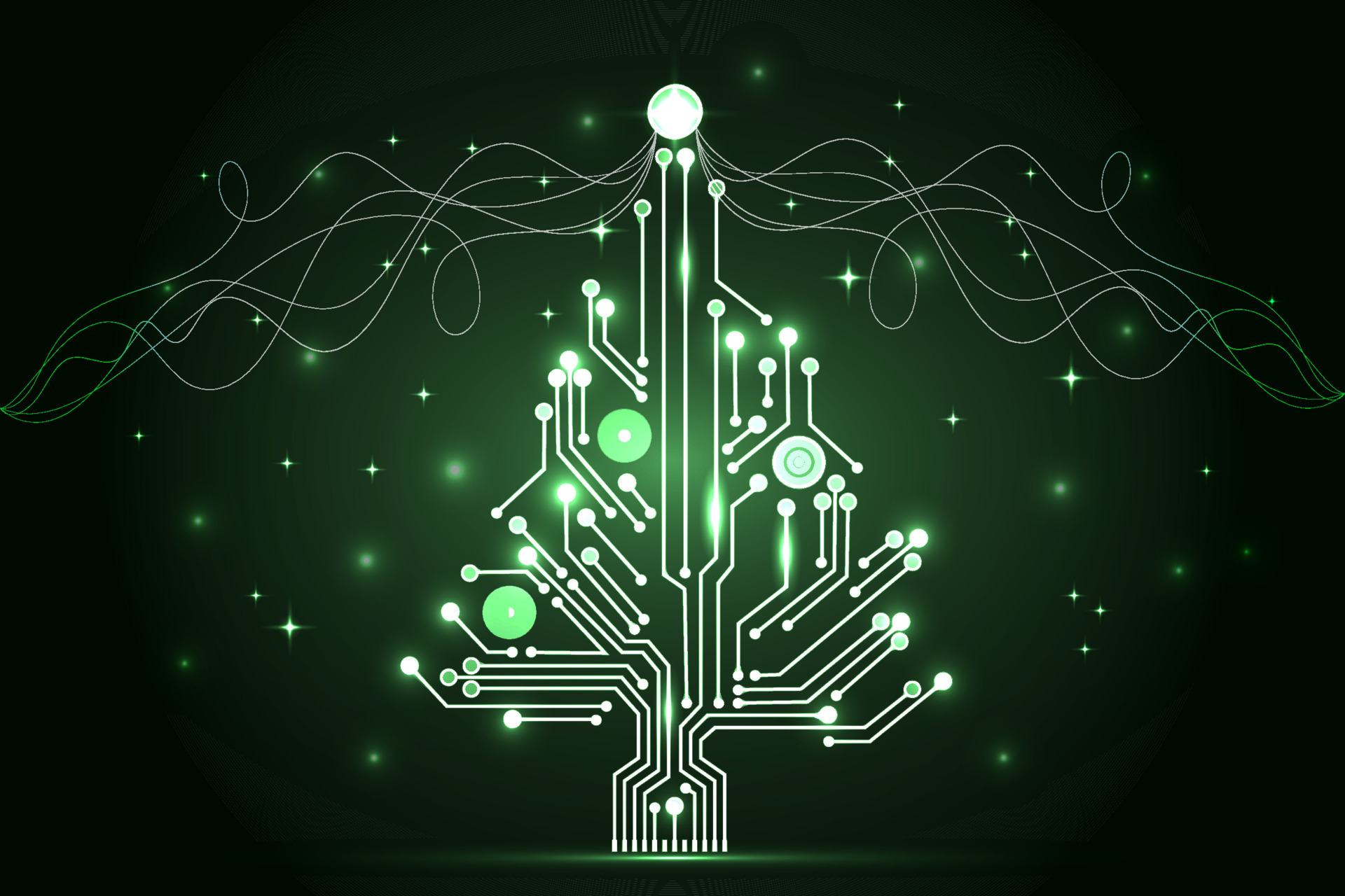 Christmas tree from digital electronic circuit. Abstract green lighting