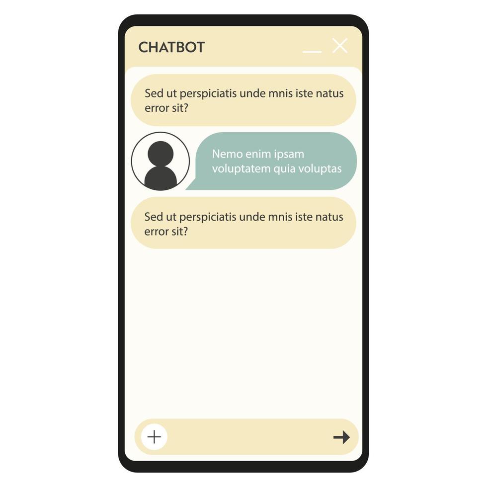 User interface of Chatbot window. User interface of application with online dialogue. Conversation with a robot assistant vector