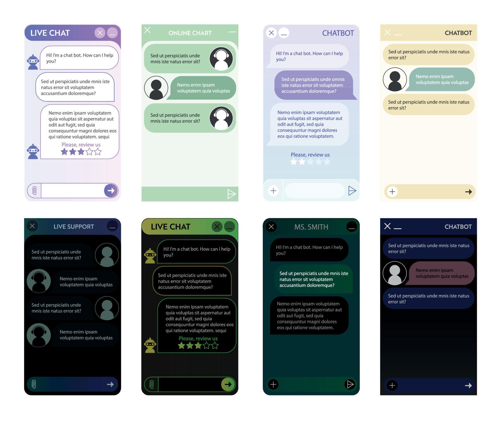 Chatbot windows set. User interface of application with online dialogue ...