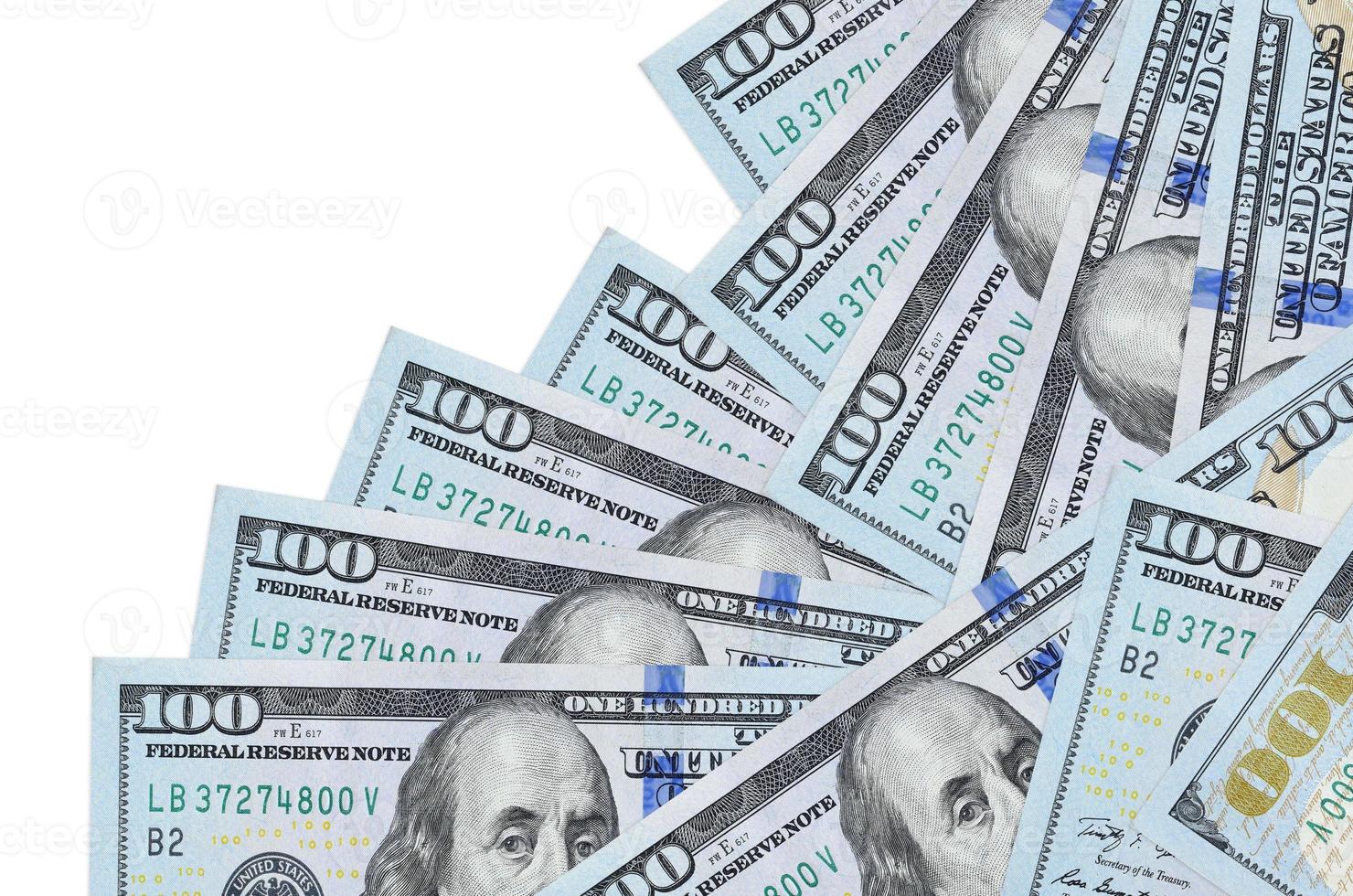 100 US dollars bills lies in different order isolated on white. Local banking or money making concept photo