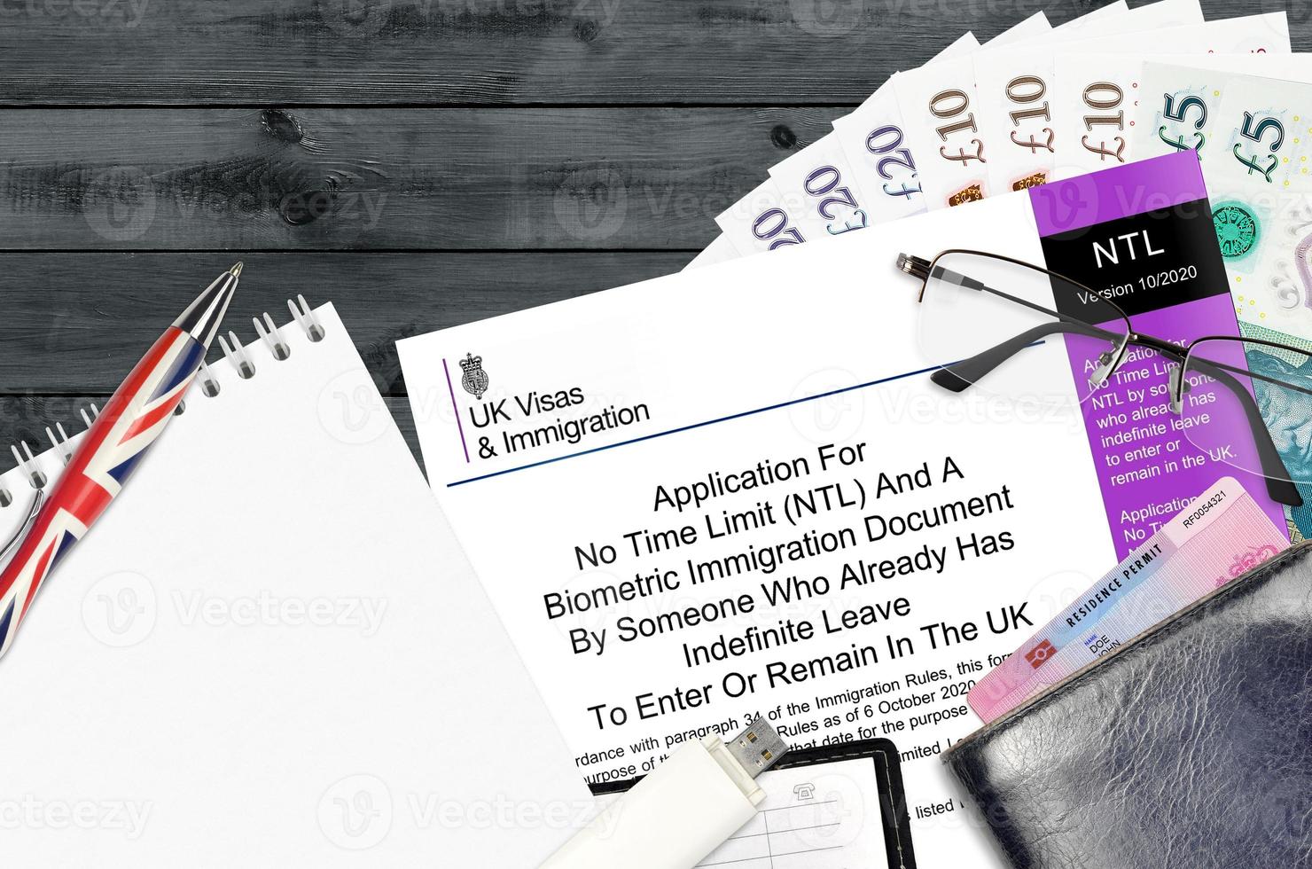 English form NTL Application for No time limit and a biometrical immigration document by someone