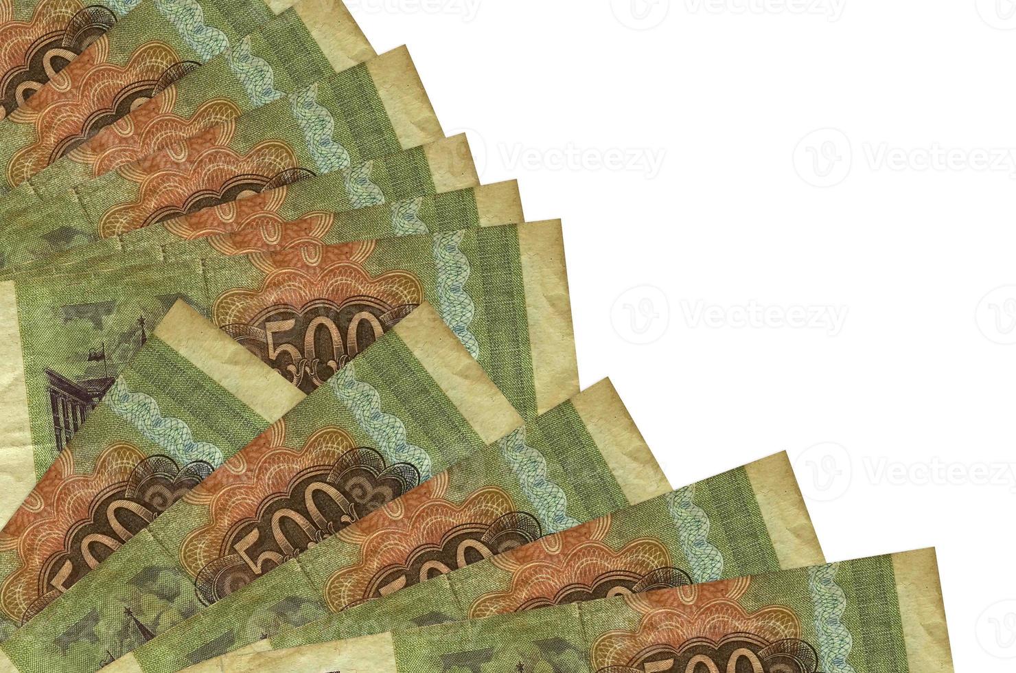 500 russian rubles bills lies isolated on white background with copy space stacked in fan close up photo