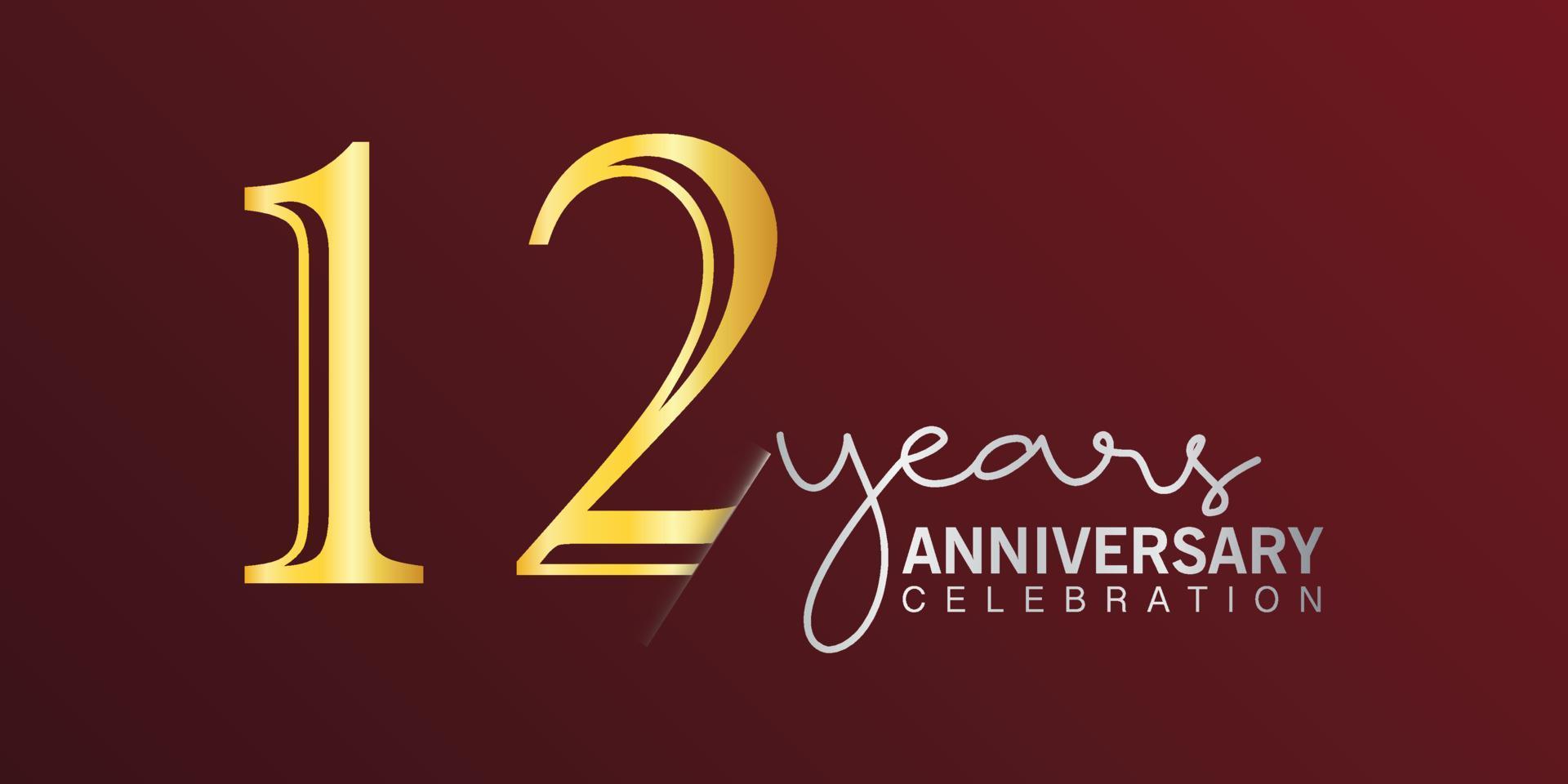 Número de logotipo de celebración del 12º aniversario color dorado con fondo de color rojo. aniversario vectorial para celebración, tarjeta de invitación y tarjeta de felicitación vector