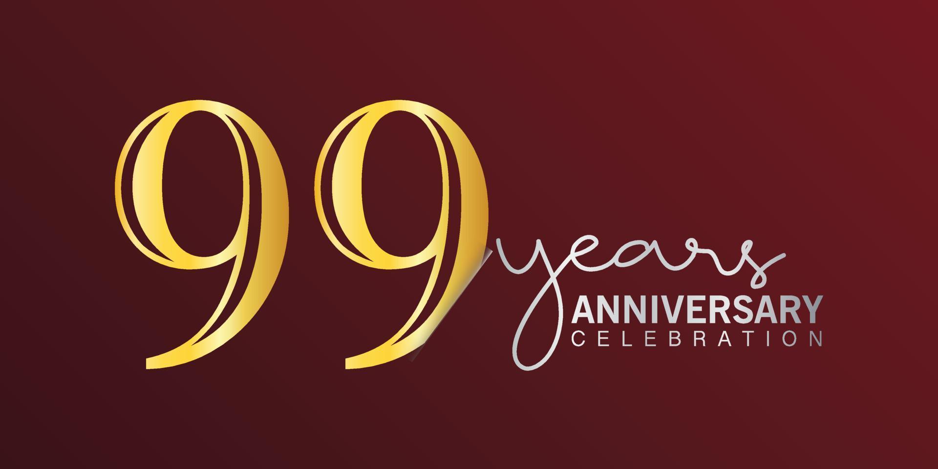 Número de logotipo de celebración del 99 aniversario color dorado con fondo de color rojo. aniversario vectorial para celebración, tarjeta de invitación y tarjeta de felicitación vector