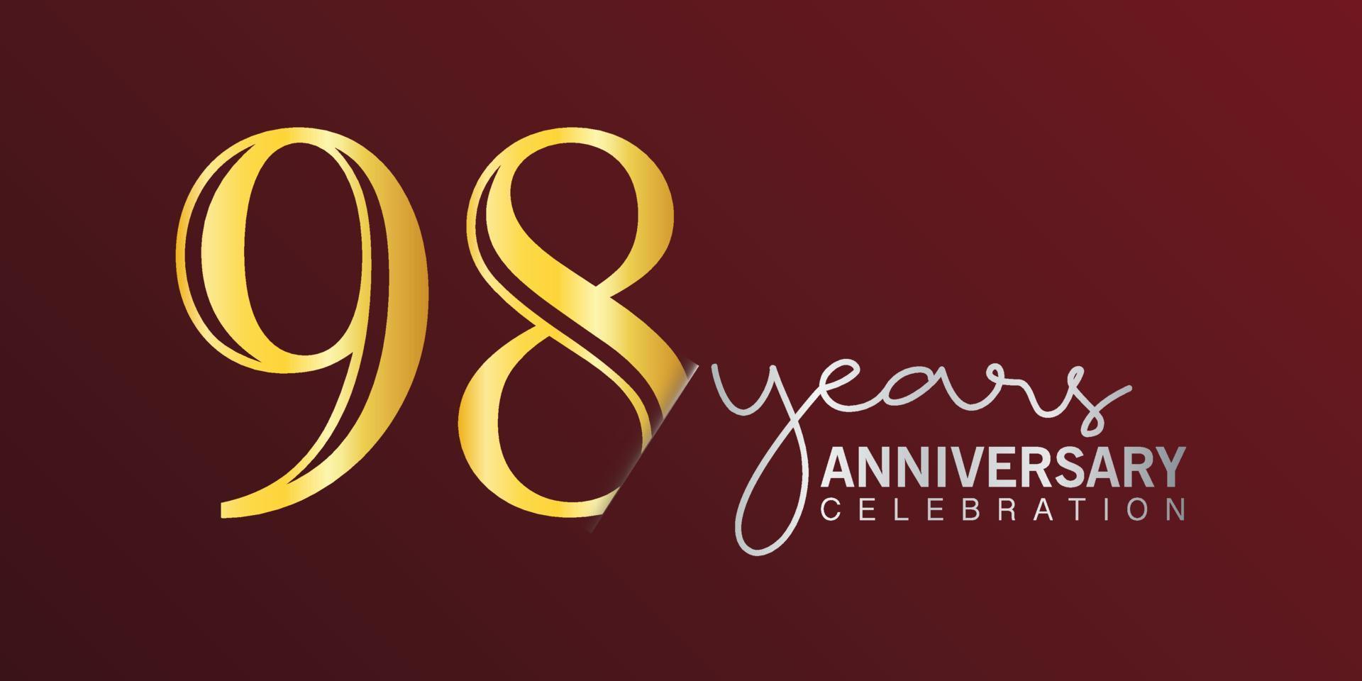 Número de logotipo de celebración del 98 aniversario color dorado con fondo de color rojo. aniversario vectorial para celebración, tarjeta de invitación y tarjeta de felicitación vector