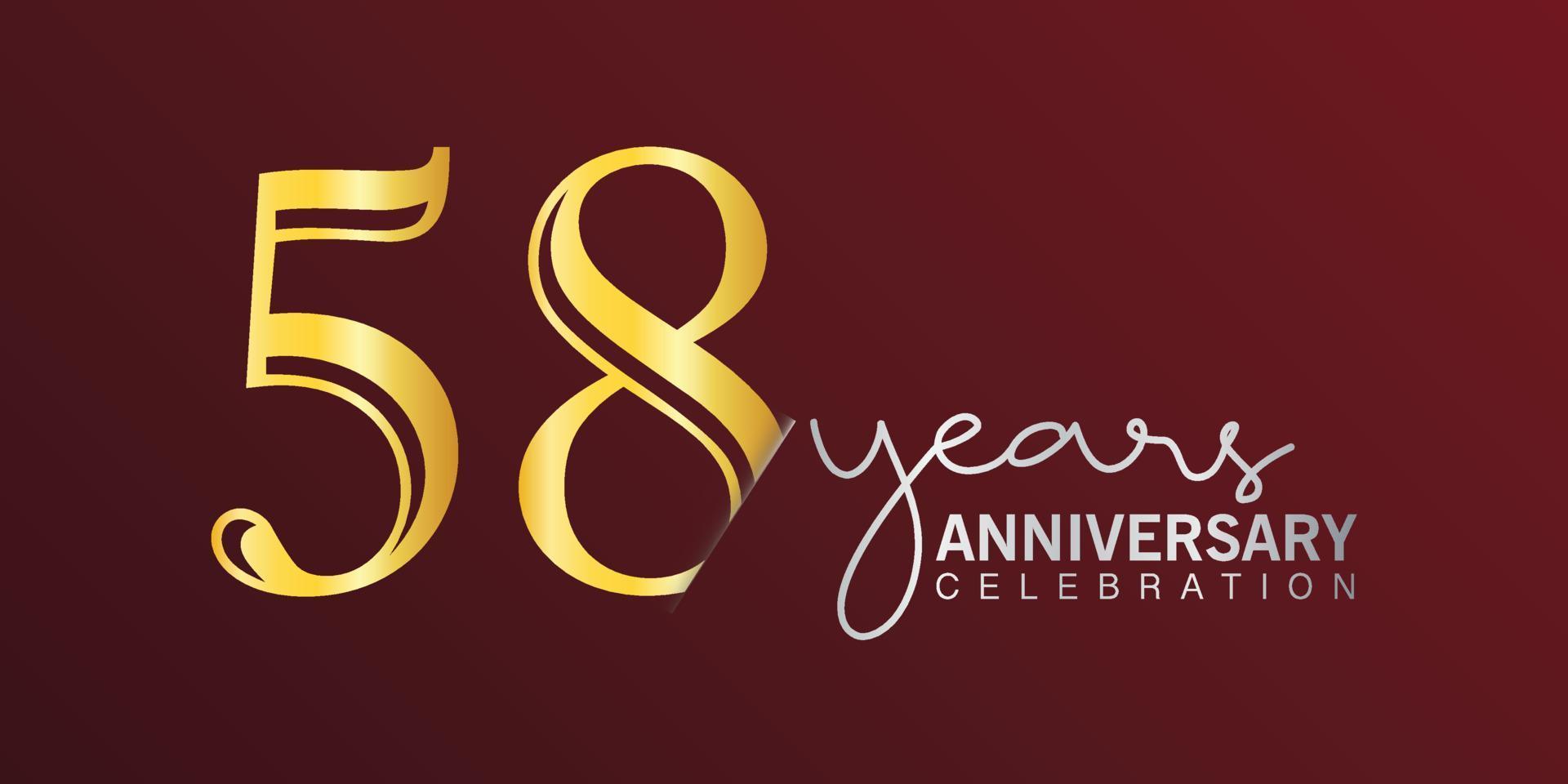 Número de logotipo de celebración del 58 aniversario color dorado con fondo de color rojo. aniversario vectorial para celebración, tarjeta de invitación y tarjeta de felicitación vector