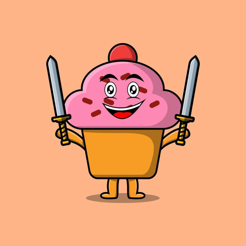 Cute cartoon Cupcake character holding two sword vector