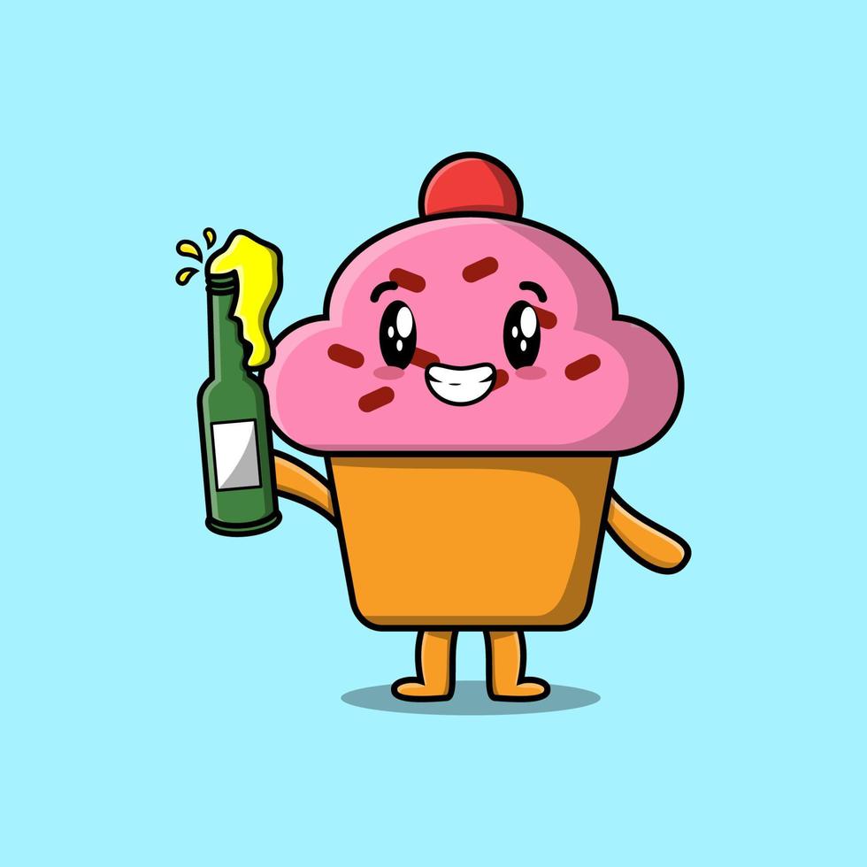 lindo personaje de dibujos animados cupcake con botella de refresco vector