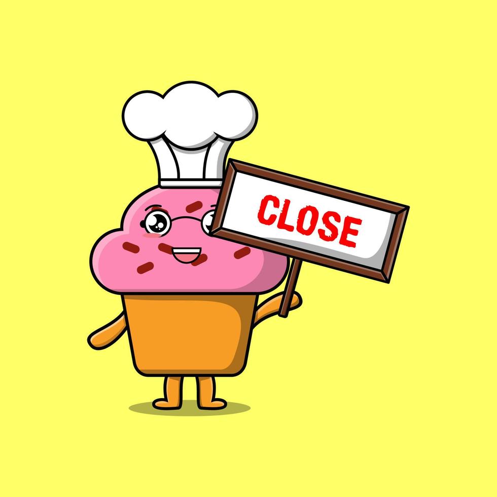 Cute cartoon Cupcake chef holding close sign board vector