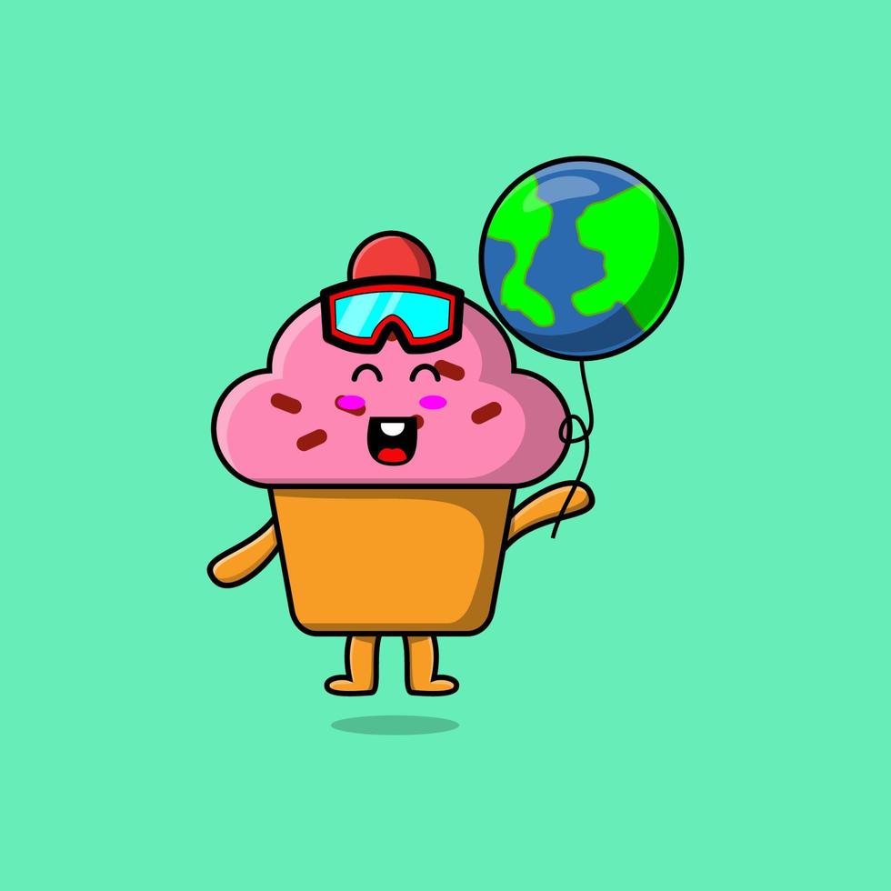 cupcake de dibujos animados lindo flotando con globo del mundo vector