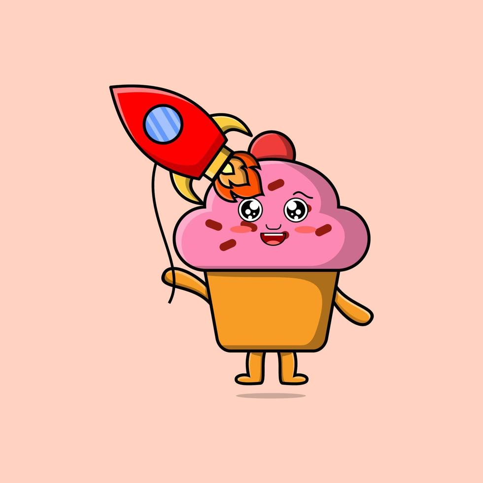Cute cartoon Cupcake floating with rocket balloon vector