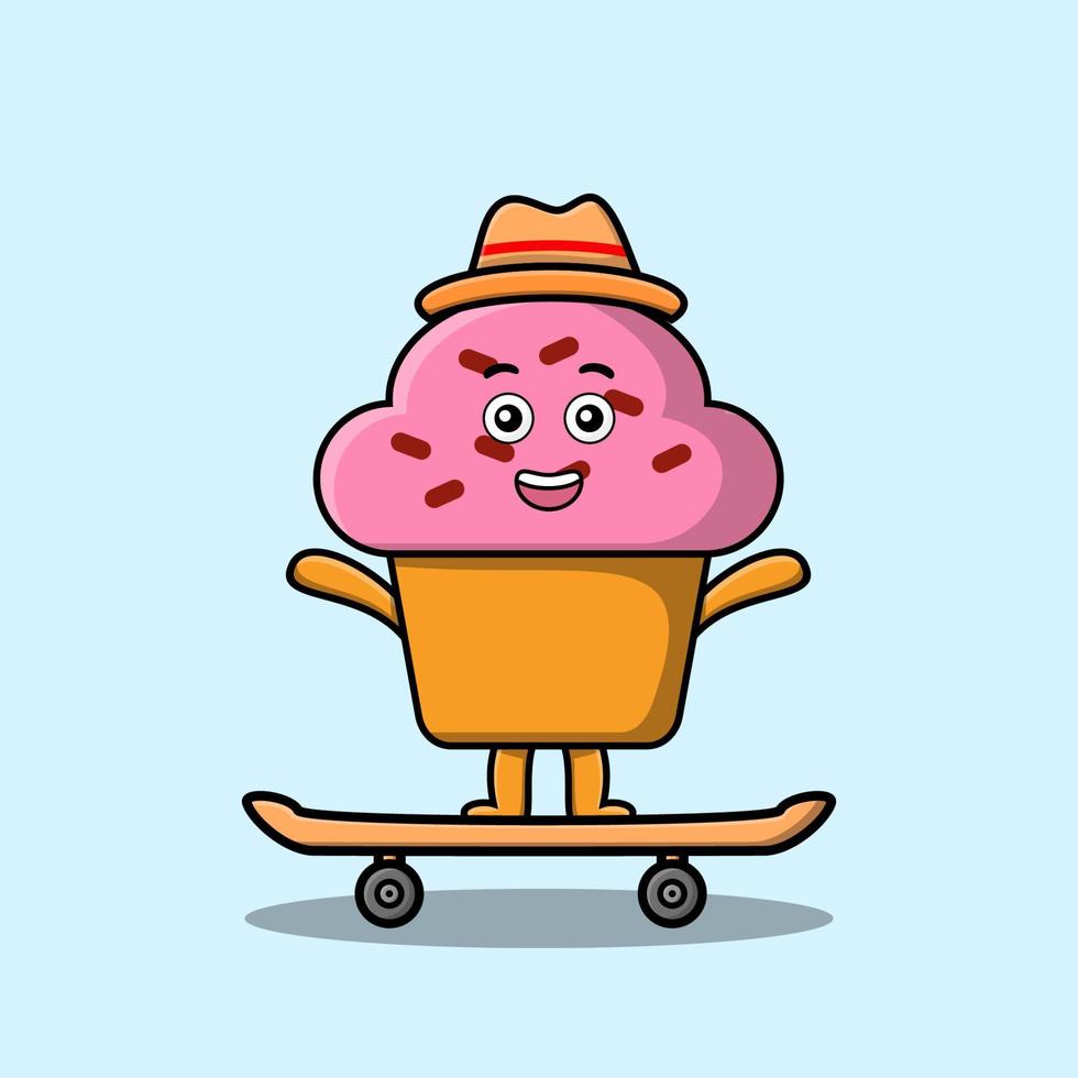 cute cartoon Cupcake standing on skateboard vector