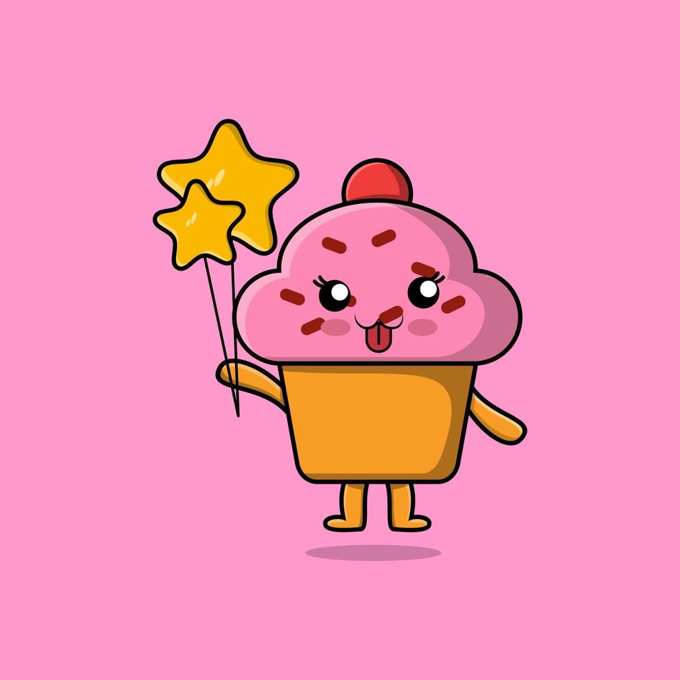Cute cartoon Cupcake floating with star balloon vector