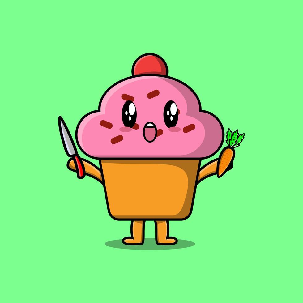 Cute cartoon Cupcake character holding knife vector