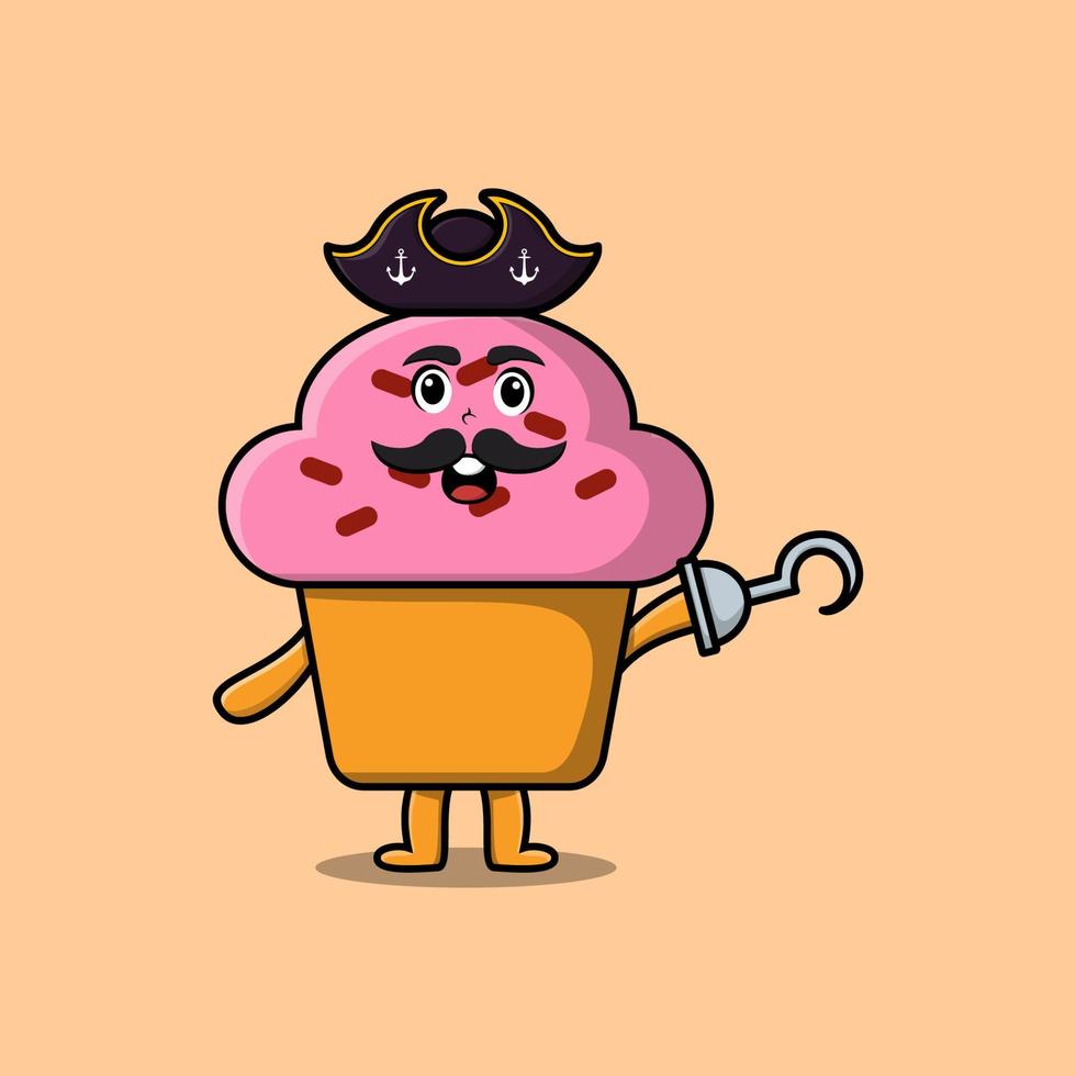 lindo cupcake pirata de dibujos animados con mano de gancho vector