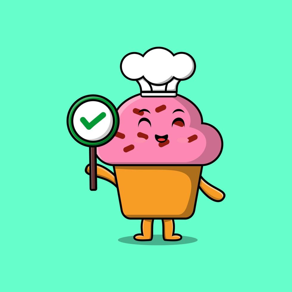 lindo chef de cupcake de dibujos animados mantenga el letrero correcto vector