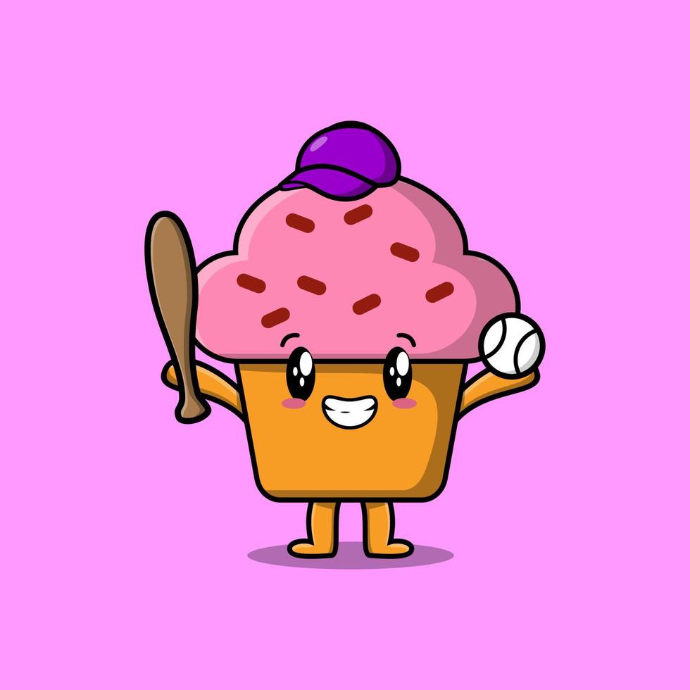 lindo personaje de cupcake de dibujos animados jugando béisbol vector