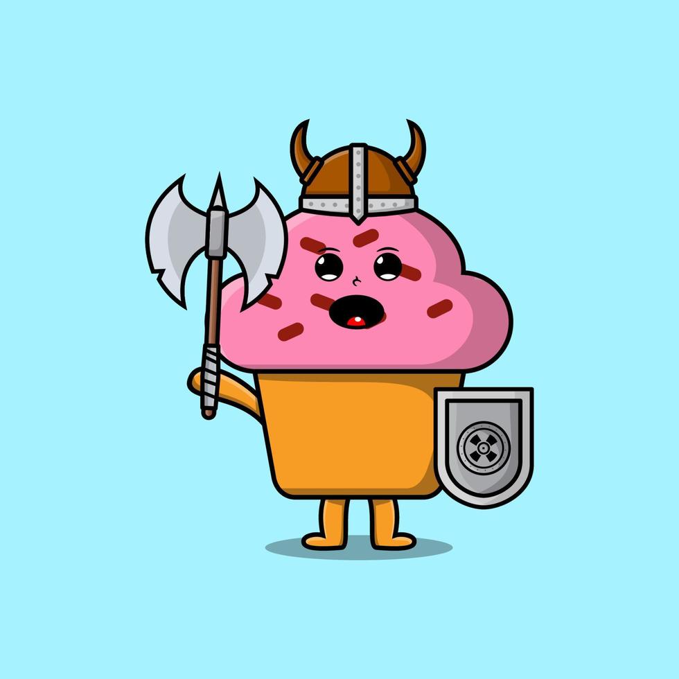 Cute cartoon Cupcake viking pirate holding hammer vector