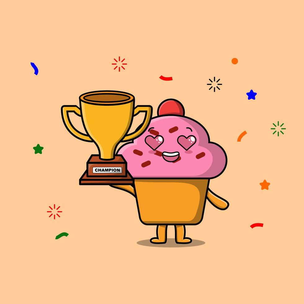 linda caricatura de cupcake está sosteniendo un trofeo de oro vector