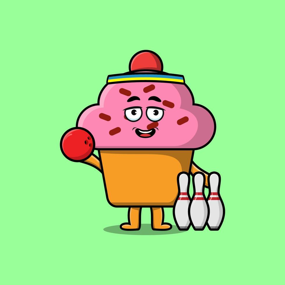 lindo personaje de cupcake de dibujos animados jugando bolos vector