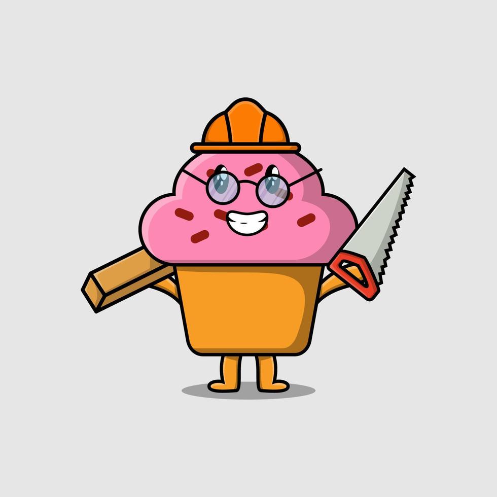 Cute cartoon Cupcake carpenter character with saw vector
